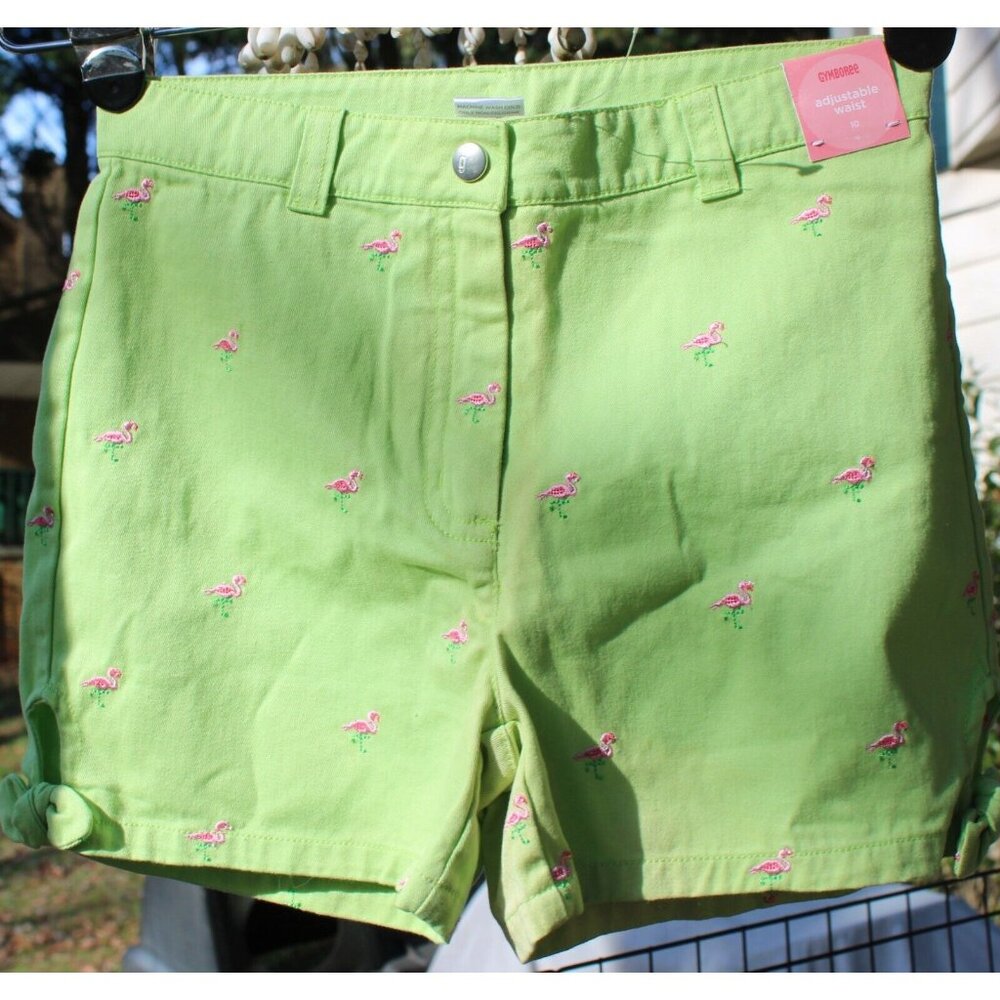NWT 2006 Gymboree Island Fun Lime Green Shorts sz 10 Flamingo Embroider Bows